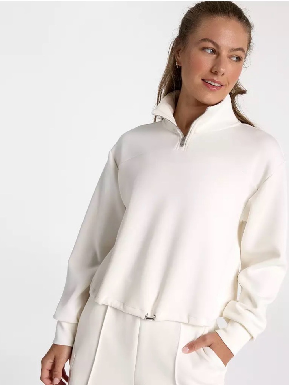 CALIA Women’s Cream 1/4 Zip Long Sleeve Pullover & Shorts Set